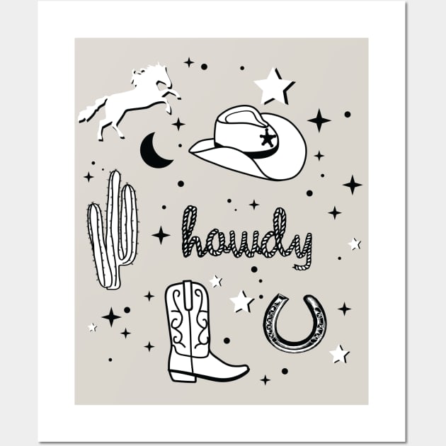 Cowboy Hat and Boot Pattern Black and White Cowgirl Aesthetic Wall Art by YourGoods